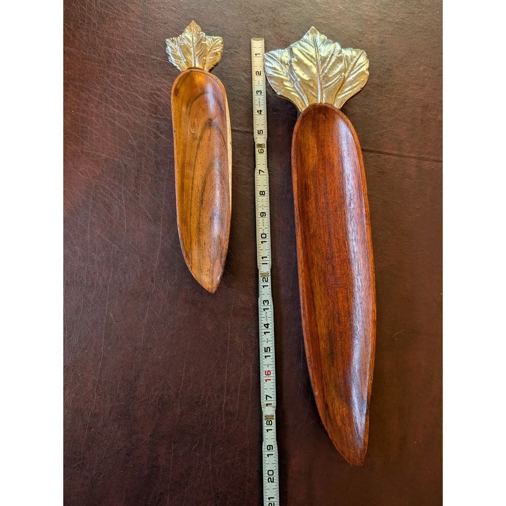 2x Hand Carved in India Wooden and Pewter Stacking Carrots Serving Tray (Pier 1)
